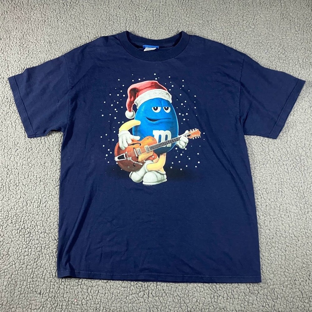 M&M's Blue Character Santa Hat Guitar Christmas Navy Graphic T-Shirt Large